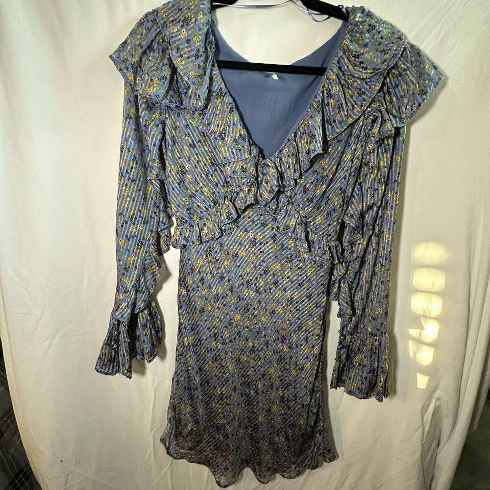 Free People Floral Blue and Green Dress with Ruffles - Size 0